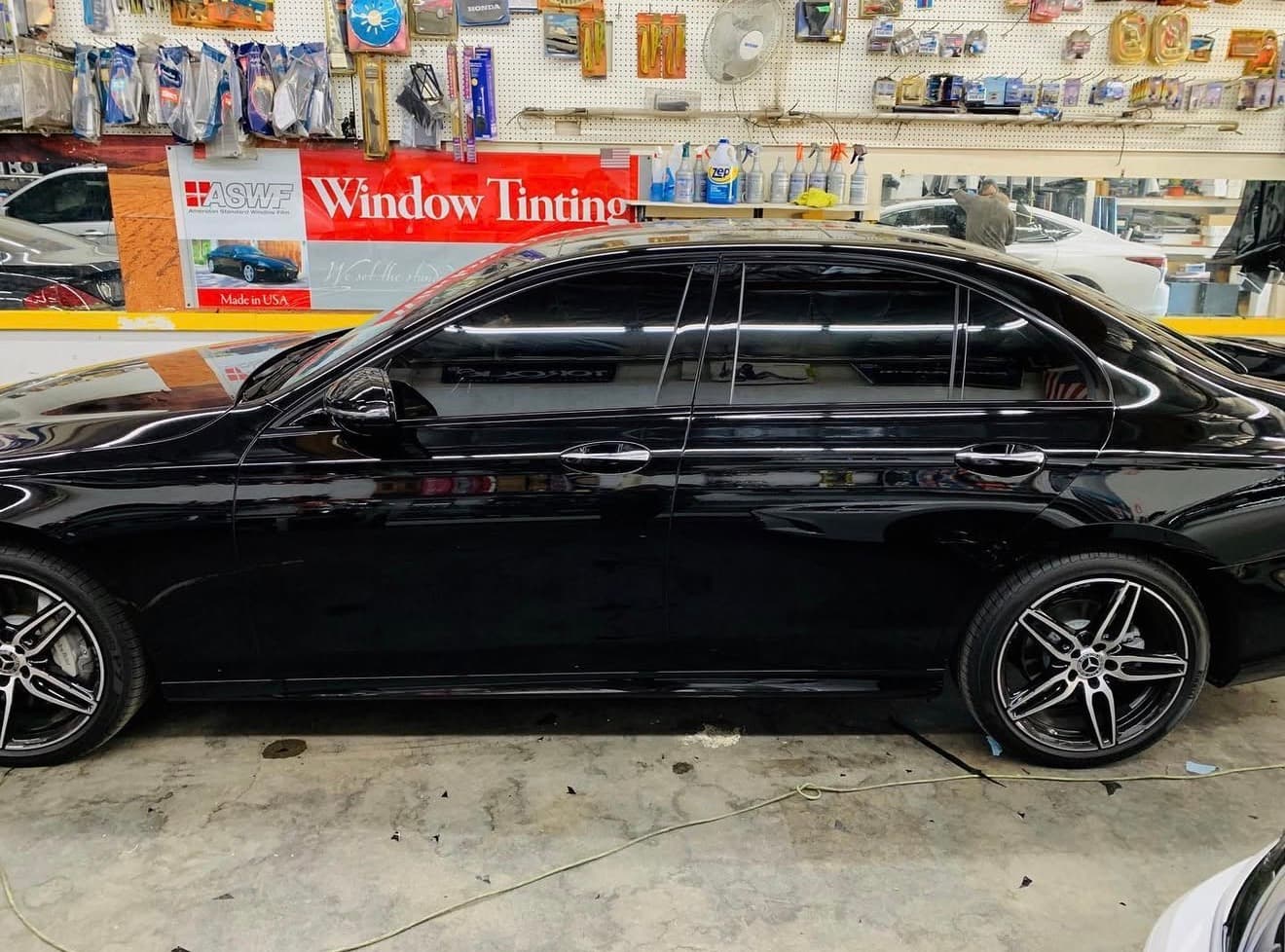 Close up of dark automotive window tint